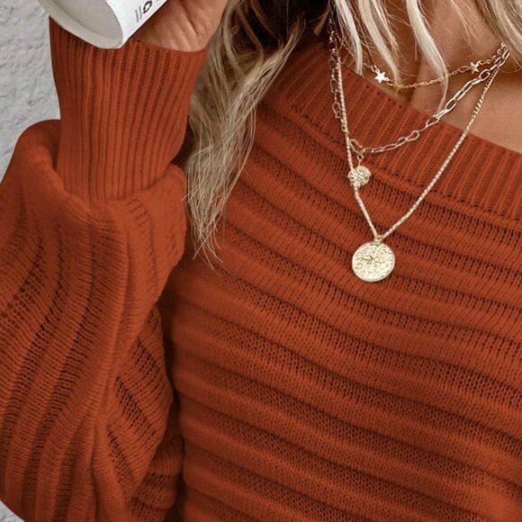 Rust Brown Casual Women's Boat Neck Batwing Sleeve Sweater - Picture 6 of 7